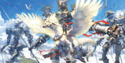 Rule 34 | 1girl, armor, blue sky, breastplate, day, dragon, epic, fantasy, feathered wings, flying, helmet, highres, mecha, original, polearm, red scarf, riding, robot, scarf, sky, spear, takayama toshiaki, thighhighs, watermark, weapon, web address, wings