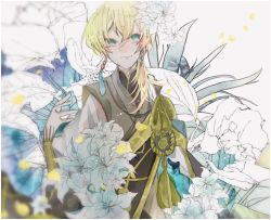 Rule 34 | 1boy, blonde hair, blue eyes, closed mouth, earrings, feather earrings, feathers, flower, grey background, japanese clothes, jewelry, male focus, natsuno (natutun), simple background, solo, taikou samonji, touken ranbu