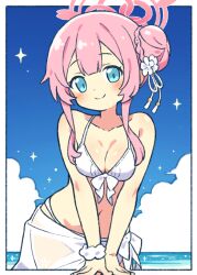 Rule 34 | 1girl, bikini, blue archive, blue eyes, blush, breasts, cleavage, closed mouth, collarbone, cowboy shot, hair bun, halo, large breasts, looking at viewer, mimori (blue archive), mimori (swimsuit) (blue archive), navel, official alternate costume, onyhakase, pink hair, pink halo, sarong, short hair, single side bun, smile, solo, swimsuit, white bikini, white sarong
