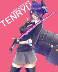 Rule 34 | 10s, 1girl, black thighhighs, breasts, character name, eyepatch, female focus, gloves, headgear, kantai collection, large breasts, looking at viewer, pink background, purple hair, ruuto (ruto3), school uniform, short hair, simple background, skirt, smile, solo, sword, tenryuu (kancolle), thighhighs, weapon, yellow eyes, zettai ryouiki