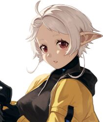 Rule 34 | 1girl, ahoge, elf, highres, jacket, looking at viewer, mushoku tensei, parted lips, pointy ears, red eyes, short hair, simple background, solo, sylphiette (mushoku tensei), turtleneck, white background, white hair, yellow jacket, yumich