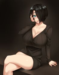 Rule 34 | 1girl, aqua eyes, black hair, black sweater, blush, breasts, cleavage, collarbone, commentary, eyes visible through hair, hair over one eye, hand on own cheek, hand on own face, huge breasts, crossed legs, long sleeves, looking at viewer, original, parted lips, ribbed sweater, saya (twrlare), short hair, sitting, smile, solo, sweater, twrlare