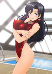 Rule 34 | 1girl, backlighting, bishoujo senshi sailor moon, black eyes, black hair, breasts, collarbone cutout, covered collarbone, covered erect nipples, covered navel, cowboy shot, day, earrings, highres, hino rei, impossible clothes, impossible swimsuit, jewelry, large breasts, lens flare, long hair, looking at viewer, nanashi noiji, one-piece swimsuit, pool, rei no pool, sailor mars, see-through, smile, solo, standing, star (symbol), star earrings, swimsuit