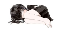 Rule 34 | 1girl, bad id, bad twitter id, barefoot, black eyes, black hair, black skirt, blush, braid, child, crying, feet, female focus, fetal position, highres, ic (iccccccccc81), lying, on side, original, side braid, simple background, skirt, solo, tears, toes, white background