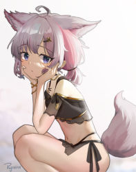 Rule 34 | 1girl, absurdres, animal ears, arknights, bare shoulders, bikini, black bikini, closed mouth, commentary, feet out of frame, fox ears, fox girl, fox tail, gradient background, grey background, grey hair, hair ornament, hairclip, highres, knees up, low twintails, material growth, navel, oripathy lesion (arknights), pink hair, purple eyes, see-through, short twintails, sionkilili, solo, squatting, sussurro (arknights), sussurro (summer flower) (arknights), swimsuit, tail, twintails, x hair ornament