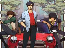 Rule 34 | 10s, 1990s (style), 3boys, afro, black hair, blouse, border, bracelet, brown eyes, brown hair, building, cabbie hat, car, city, city hunter, collared shirt, cowboy bebop, cropped, crossover, facial hair, formal, green shirt, hand on own hip, hands in pockets, hat, jacket, jewelry, kaburagi t. kotetsu, male focus, manly, mini cooper, motor vehicle, multiple boys, multiple crossover, necktie, nira (niratoro), on vehicle, outdoors, outside border, red shirt, retro artstyle, saeba ryou, shirt, short hair, sitting, skyscraper, sleeves rolled up, spike spiegel, standing, stubble, suit, tiger &amp; bunny, trait connection, tree, vehicle, vest, watch, white border, wristwatch, yellow shirt