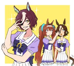 Rule 34 | 3girls, :d, afterimage, animal ears, border, bow, bowtie, brown hair, closed mouth, crown, daiwa scarlet (umamusume), earrings, eyepatch, grin, hair over one eye, highres, horse ears, horse girl, horse tail, jewelry, long hair, looking at viewer, motion lines, multiple girls, open mouth, orange hair, potomithu, purple bow, purple bowtie, purple eyes, purple shirt, school uniform, shirt, short hair, short sleeves, simple background, skirt, smile, tail, tanino gimlet (umamusume), teeth, thighhighs, tracen school uniform, twintails, umamusume, vodka (umamusume), white border, white skirt, white thighhighs, yellow background, yellow eyes