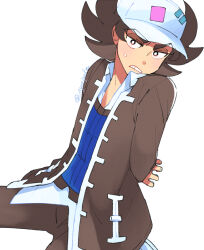 Rule 34 | 1boy, arms behind back, baseball cap, blue vest, bright pupils, clenched teeth, collared shirt, commentary request, creatures (company), game freak, giacomo (pokemon), hat, jacket, looking at viewer, male focus, nintendo, nyoripoke, open clothes, open jacket, pants, pointy hair, pokemon, pokemon sv, shirt, shoes, sitting, solo, sweatdrop, teeth, twitter username, vest, white background, white hat, white pupils, white shirt
