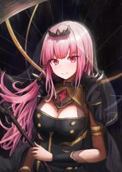 Rule 34 | 1girl, absurdres, black cloak, blush, breasts, cleavage, cloak, closed mouth, gem, highres, holding, holding scythe, holding weapon, hololive, hololive english, icetea774, large breasts, long hair, looking at viewer, mori calliope, pink eyes, pink gemstone, pink hair, scythe, see-through, smile, solo, spikes, tiara, transparent, virtual youtuber, weapon