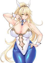 Rule 34 | 1girl, ahoge, animal ears, artoria pendragon (all), artoria pendragon (fate), artoria pendragon (swimsuit ruler) (fate), bare shoulders, blonde hair, blue necktie, blue pantyhose, blush, braid, breasts, cleavage, closed mouth, clothing cutout, collarbone, detached collar, eyes visible through hair, fake animal ears, fate/grand order, fate (series), fingernails, fishnet pantyhose, fishnets, french braid, green eyes, hair between eyes, hand on own hip, hayama kazusa, highleg, highleg leotard, highres, large breasts, leotard, lips, long fingernails, long hair, looking at viewer, navel, navel cutout, necktie, pantyhose, playboy bunny, ponytail, rabbit ears, shiny clothes, shiny skin, sidelocks, simple background, smile, solo, strapless, strapless leotard, thighs, tiara, very long hair, white background, white leotard, wrist cuffs