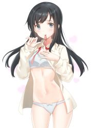 Rule 34 | 1girl, asashio (kancolle), bad id, bad twitter id, black hair, blouse, blue bra, blue eyes, blue panties, bra, commentary request, cowboy shot, dress shirt, highres, kantai collection, long hair, looking at viewer, mouth hold, navel, open clothes, open mouth, open shirt, panties, red ribbon, ribbon, shiosoda, shirt, simple background, solo, underwear, white background
