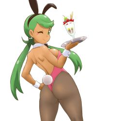 Rule 34 | 1girl, ;), animal ears, ass, back, backless leotard, bare back, bare shoulders, black hairband, black pantyhose, blush stickers, closed mouth, cowboy shot, creatures (company), dark-skinned female, dark skin, detached collar, fake animal ears, fake tail, game freak, green eyes, green hair, hairband, holding, holding tray, leotard, long hair, looking at viewer, low twintails, mallow (pokemon), median furrow, nintendo, one eye closed, pantyhose, pink leotard, playboy bunny, pokemon, pokemon sm, rabbit ears, rabbit tail, shoulder blades, smile, solo, swept bangs, tail, tof, tray, twintails, wrist cuffs