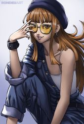 Rule 34 | 1girl, absurdres, black nails, blue headwear, blue overalls, blunt bangs, brown hair, collarbone, earrings, flat chest, gradient background, green-framed eyewear, grey background, highres, jewelry, long hair, nail polish, overalls, parted lips, persona, persona 5, pink lips, ring, rondeu, sakura futaba, sitting, smile, solo, spaghetti strap, sunglasses, tank top, tinted eyewear, very long hair, white tank top, yellow-tinted eyewear