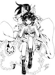 Rule 34 | 1girl, boots, classictime, face, female focus, greyscale, hakurei reimu, monochrome, own hands together, smile, solo, touhou