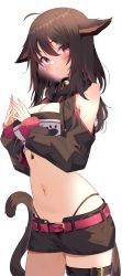 Rule 34 | 1girl, :3, absurdres, ahoge, animal ears, armpit crease, warrior of light (ff14), bare shoulders, bell, belt, black hair, black jacket, black panties, black shirt, black shorts, breasts, cat ears, cat girl, cat tail, cleavage, cleavage cutout, closed mouth, clothing cutout, commission, cowboy shot, crop top, cropped jacket, fang, final fantasy, final fantasy xiv, highleg, highleg panties, highres, hood, hood down, jacket, jingle bell, jun (aousa0328), long hair, long sleeves, looking at viewer, medium breasts, micro shorts, midriff, miqo&#039;te, multicolored hair, navel, open clothes, open fly, open jacket, panties, red eyes, shirt, short shorts, shorts, shoulder cutout, simple background, skeb commission, skindentation, smile, solo, standing, stomach, streaked hair, string panties, tail, thigh strap, thighs, underwear, white background