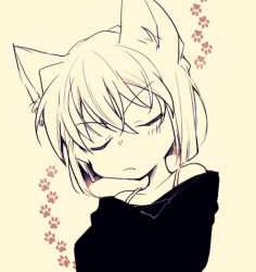Rule 34 | 1girl, animal ears, bad id, bad pixiv id, bob cut, bra strap, cat ears, cat girl, closed eyes, closed mouth, facing viewer, haibara ai, head tilt, kemonomimi mode, long sleeves, lowres, meitantei conan, naho (pi988y), off shoulder, paw print, short hair, simple background, solo, thinking, upper body, v-shaped eyebrows