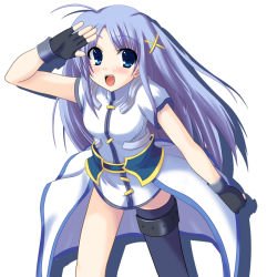 Rule 34 | 00s, 1girl, asymmetrical clothes, blue eyes, blue hair, fingerless gloves, gloves, hair ornament, johnny (from scratch), long hair, lyrical nanoha, mahou shoujo lyrical nanoha, mahou shoujo lyrical nanoha strikers, matching hair/eyes, open mouth, reinforce zwei, salute, single thighhigh, solo, thighhighs, very long hair, x hair ornament
