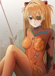 Rule 34 | 1girl, arm support, blue eyes, breasts, brown hair, eyepatch, highres, interface headset, looking at viewer, medium breasts, neon genesis evangelion, nerua, parted lips, plugsuit, rebuild of evangelion, solo, souryuu asuka langley, thighs, two side up