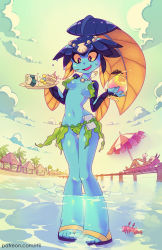 Rule 34 | 2girls, beach umbrella, blue skin, breasts, breasts apart, cloud, colored sclera, colored skin, commentary, crab, english commentary, fish girl, food, hair ornament, highres, jewelry, medium breasts, minette (skullgirls), monster girl, ms. fortune (skullgirls), multiple girls, necklace, outdoors, pearl necklace, rtil, shell, shell necklace, skullgirls, solo focus, tray, umbrella, wading, water, yellow sclera