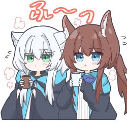 Rule 34 | 2girls, :o, amiya (arknights), animal ear fluff, animal ears, arknights, black gloves, black jacket, blue eyes, blush, brown hair, cat ears, closed mouth, colored eyelashes, commentary request, cup, fingerless gloves, flying sweatdrops, gloves, green eyes, grey hair, highres, holding, holding cup, hood, hood down, hooded jacket, jacket, long hair, long sleeves, looking at viewer, mizutsune suki, multiple girls, parted lips, ponytail, rosmontis (arknights), shirt, sidelocks, simple background, sleeves past wrists, very long hair, white background, white shirt, wide sleeves