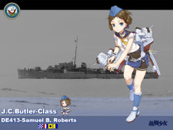 Rule 34 | 1girl, bad id, bad pixiv id, black shorts, blue eyes, blue footwear, blue hat, boots, breasts, brown hair, cannon, character name, copyright name, full body, garrison cap, hat, heiyz, looking at viewer, machinery, magazine (weapon), medal, military, military vehicle, name connection, object namesake, official art, parted lips, photo background, running, sailor collar, samuel b roberts (warship girls r), sash, ship, shirt, short hair, short sleeves, shorts, small breasts, smokestack, solo, text focus, torpedo, turret, uss samuel b roberts (de-413), warship, warship girls r, watercraft, white shirt