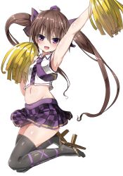 Rule 34 | 1girl, adapted costume, alternate costume, arm up, armpits, black thighhighs, blush, bow, brown hair, checkered clothes, checkered skirt, cheerleader, geta, greatmosu, hair bow, hair ornament, hat, highres, himekaidou hatate, jumping, long hair, looking at viewer, md5 mismatch, midriff, navel, necktie, open mouth, pom pom (cheerleading), purple eyes, resized, shirt, simple background, skirt, sleeveless, smile, solo, tengu-geta, thighhighs, tokin hat, touhou, tsurime, twintails, white background, zettai ryouiki