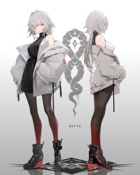 Rule 34 | 1girl, ankle boots, artist name, bare shoulders, black dress, black footwear, boots, commentary request, dress, full body, gradient background, gradient legwear, grey background, grey hair, grey jacket, hands in pockets, highres, jacket, logo, long hair, looking at viewer, multiple views, nid417, off shoulder, open clothes, open jacket, original, oversized clothes, pantyhose, red eyes, reflective floor, shadow, sleeveless, sleeveless dress, standing