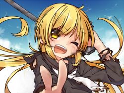 Rule 34 | 10s, 1girl, adyisu, black serafuku, blonde hair, blue sky, cloud, cloudy sky, commentary, day, gun, holding, holding gun, holding weapon, kantai collection, long hair, long sleeves, looking at viewer, low twintails, necktie, one eye closed, open mouth, satsuki (kancolle), school uniform, serafuku, sky, smile, solo, teeth, torn clothes, twintails, twitter username, uniform, v, weapon, yellow eyes