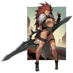 Rule 34 | 1girl, ankle boots, armor, artist name, belt, big hair, bikini armor, boots, border, breasts, cape, cleavage, commentary request, double-blade, earrings, fantasy, fingerless gloves, full body, fur cape, gloves, highleg, highleg panties, highres, holding, holding weapon, hong soon-jae, hoop earrings, huge weapon, jewelry, long hair, long legs, looking at viewer, medium breasts, multiple belts, original, outside border, panties, red hair, scar, shrug (clothing), solo, spiked hair, thick thighs, thigh strap, thighs, toned, underboob, underwear, vambraces, warrior, weapon, white border, yellow eyes