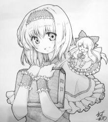 Rule 34 | alice margatroid, anzu ame, book, hugging book, bow, capelet, closed eyes, greyscale, hair bow, hairband, holding, holding book, long hair, millipen (medium), monochrome, hugging object, open mouth, shanghai doll, shikishi, short hair, signature, touhou, traditional media, wrist cuffs