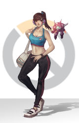 Rule 34 | 1girl, alternate hairstyle, animal print, arm cannon, bag, bare shoulders, black pants, blue shirt, breasts, brown eyes, brown hair, cleavage, collarbone, commentary, crop top, d.va (overwatch), facepaint, facial mark, fingernails, full body, gatling gun, gun, hair ornament, hair tie, hand up, headphones, high ponytail, highres, leg up, looking to the side, mecha, medium breasts, meka (overwatch), nail polish, nose, overwatch, overwatch 1, pants, parted lips, pink lips, pink nails, rabbit print, robot, shadow, shirt, shoes, shoulder bag, sleeveless, smile, solo, standing, standing on one leg, sweat, tank top, track pants, trung doan, weapon, whisker markings, white footwear, wristband