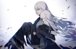 Rule 34 | 2girls, arknights, ascot, backlighting, black dress, black gloves, black legwear, blue nails, bracelet, carrying, closed mouth, dress, garter straps, gloves, gradient background, grey ascot, grey background, grey hair, hair over eyes, hand on own chest, highres, infection monitor (arknights), jewelry, long hair, long sleeves, multiple girls, nail polish, no headwear, pelvic curtain, princess carry, red eyes, skadi (arknights), smoke, specter (arknights), theta (swfh8575), thighhighs, very long hair