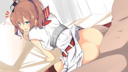 Rule 34 | 10s, 1boy, 1girl, admiral (kancolle), arm support, ass, bed, bed sheet, blue eyes, blush, breast pocket, breasts, brown hair, clothed sex, dress, dutch angle, from behind, hair between eyes, hair ornament, half-closed eye, hetero, highres, impossible clothes, kantai collection, large breasts, long hair, looking at viewer, neckerchief, no panties, open mouth, out of frame, pocket, ponytail, red neckerchief, red thighhighs, saratoga (kancolle), sex, side ponytail, sidelocks, sitting, smokestack, solo focus, tenpesuto, thighhighs, uneven eyes, waking up, wariza, white dress
