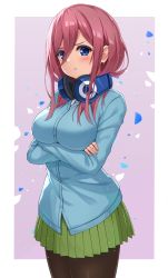 Rule 34 | 1girl, :t, black pantyhose, blue cardigan, blue eyes, blush, breasts, cardigan, closed mouth, crossed arms, go-toubun no hanayome, green skirt, hair between eyes, headphones, headphones around neck, highres, large breasts, long hair, long sleeves, looking at viewer, maemi (maemi12), nakano miku, pantyhose, pleated skirt, pout, purple hair, skirt, solo