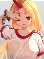 Rule 34 | 1girl, akaiha (akaihasugk), blonde hair, chain, collarbone, commission, cuffs, highres, horns, hoshiguma yuugi, long hair, nail polish, one eye closed, oni, open mouth, pointy ears, red eyes, red horns, red nails, see-through, shackles, shirt, short sleeves, single horn, skeb commission, sweat, touhou, upper body, wet, wet clothes, white shirt