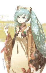 Rule 34 | abstract background, apron, aqua eyes, aqua hair, arm at side, bagml, blue hair, bow, brown kimono, cowboy shot, fork hair ornament, hair bow, hand up, hardboiled egg, hatsune miku, highres, japanese clothes, kappougi, kimono, long sleeves, looking at viewer, print kimono, ribbon-trimmed bow, single sidelock, snowflakes, sparkle, spoon hair ornament, swept bangs, triangle mouth, twintails, twitter username, two-tone background, vocaloid, white bow, wide sleeves, yellow apron, yellow background, yuki miku, yuki miku (2024)