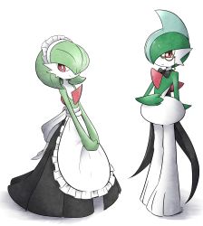 Rule 34 | 1boy, 1girl, apron, black bow, black neckwear, black skirt, blue hair, bow, bowtie, butler, closed mouth, clothed pokemon, colored skin, creatures (company), gallade, game freak, gardevoir, gen 3 pokemon, gen 4 pokemon, green hair, green skin, hair over one eye, hand up, happy, highres, kashiwa (3920kashiwa), legs together, looking at viewer, maid apron, maid headdress, monocle, multicolored hair, multicolored skin, nintendo, own hands together, pokemon, pokemon (creature), red eyes, short hair, simple background, skirt, smile, standing, two-tone hair, two-tone skin, white apron, white background, white skin, yellow-framed eyewear