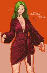 Rule 34 | 1girl, absurdres, alternate costume, alternate hair length, alternate hairstyle, artist name, ballpoint pen (medium), breasts, cleavage, closed mouth, collarbone, colored eyelashes, cowboy shot, green hair, hair strand, half-closed eyes, highres, kazami yuuka, knees, lipstick, long hair, long sleeves, looking down, makeup, musical note, parted bangs, red lips, robe, shiny skin, sketch, skinnytorch, smile, solo, spoken musical note, standing, texture, thighs, touhou, traditional media