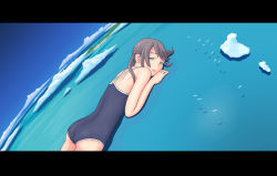 Rule 34 | 1girl, bird, brown hair, cloud, earth (planet), female focus, flash tomo, giant, giantess, horizon, huge giantess, letterboxed, lying, ocean, on stomach, one-piece swimsuit, original, scenery, solo, swimsuit, water
