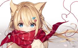 Rule 34 | 1girl, animal ears, blonde hair, blue eyes, blush, braid, cat ears, cherry blossoms, commentary request, covering own mouth, enpera, gradient background, hair between eyes, hair ornament, long hair, necomi, original, red scarf, scarf, signature, sleeves past wrists, solo, sweater, upper body