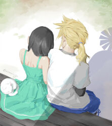 Rule 34 | 1boy, 1girl, aged down, animal, aqua dress, bare shoulders, black hair, black undershirt, blonde hair, blue shorts, cat, cloud strife, commentary, dress, english commentary, final fantasy, final fantasy vii, final fantasy vii remake, from above, from behind, head on another&#039;s shoulder, highres, long hair, looking at another, low ponytail, maru (ff7), outdoors, shadow, shirt, shorts, sitting, sleeping, sleeveless, sleeveless dress, spaghetti strap, spiked hair, sundress, sunlight, tifa lockhart, twitter username, water tank, water tower, white cat, white shirt, zoewingsz