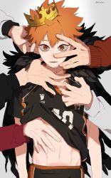 Rule 34 | 1boy, 5others, abs, absurdres, black feathers, clothes lift, crown, feathers, haikyuu!!, highres, hinata shouyou, looking at viewer, male focus, midriff, mix (wkupmix), multiple others, navel, orange eyes, orange hair, parted lips, shirt lift, solo focus, sportswear, twitter username, volleyball uniform