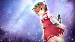 Rule 34 | 1girl, animal ears, ascot, brown hair, cat ears, cat tail, chen, grass, hat, kane-neko, looking up, milky way, multiple tails, night, night sky, short hair, skirt, sky, solo, star (sky), starry sky, tail, touhou