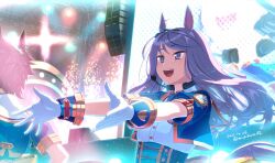 Rule 34 | 2girls, animal ears, blue jacket, breasts, brown hair, collared shirt, corset, cropped jacket, dated, diffraction spikes, floating hair, glorious azure costume (umamusume), gloves, headphones, headphones around neck, headset, horse ears, horse girl, horse tail, indoors, jacket, long hair, mejiro mcqueen (umamusume), mejiro ryan (umamusume), microphone, multiple girls, open clothes, open jacket, open mouth, outstretched arms, purple eyes, purple hair, screen, shirt, short hair, short sleeves, small breasts, smile, solo focus, stage, stage lights, sweat, tail, takuzui, twitter username, umamusume, upper body, white gloves, white shirt