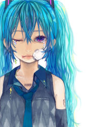 Rule 34 | 1girl, bad id, bad pixiv id, bandages, bandaid, barcode, barcode tattoo, bare shoulders, blue eyes, blue hair, crystal, detached sleeves, hatsune miku, heart, highres, injury, long hair, matching hair/eyes, multicolored eyes, necktie, one eye closed, solo, soono (rlagpfl), tattoo, tears, twintails, upper body, very long hair, vocaloid, wink