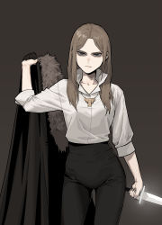 Rule 34 | 1girl, black pants, brown background, brown hair, cape, unworn cape, closed mouth, cowboy shot, gogalking, grey eyes, hand up, highres, holding, holding cape, holding clothes, holding sword, holding weapon, jewelry, leonir (gogalking), long hair, long sleeves, looking at viewer, necklace, original, pants, popped collar, sanpaku, serious, shirt, simple background, solo, standing, sword, weapon, white shirt