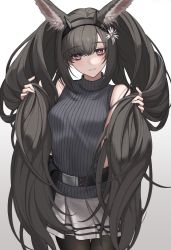 Rule 34 | 1girl, animal ears, arknights, bare shoulders, black hair, black hairband, black pantyhose, black sweater, cowboy shot, deer ears, deer girl, extra ears, flower, gradient background, grey background, hair flower, hair ornament, hairband, highres, holding, holding own hair, long hair, monch (arknights), pantyhose, purple eyes, ribbed sweater, roki (shouka65), simple background, skirt, sleeveless, sleeveless sweater, solo, sweater, twintails, very long hair, white flower, white skirt