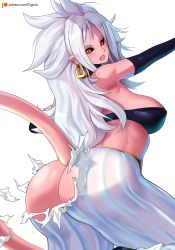 Rule 34 | 1girl, amano cigusa, android 21, ass, black sclera, breasts, butt crack, colored sclera, colored skin, dragon ball, earrings, from behind, harem pants, highres, hoop earrings, jewelry, large breasts, long hair, looking at viewer, looking back, majin android 21, messy hair, no panties, pants, pink skin, pointy ears, red eyes, simple background, solo, strapless, tail, torn clothes, torn pants, tube top, white background, white hair