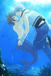Rule 34 | 2boys, alternate form, arms around neck, bad id, bad pixiv id, blue eyes, brown hair, bubble, commentary request, couple, eye contact, face-to-face, fish, green eyes, kingdom hearts, kingdom hearts 3d dream drop distance, kingdom hearts ii, looking at another, male focus, mermaid, merman, monster boy, monster girl, multiple boys, ng (samwise), ng sam, nipples, nude, parted lips, riku (kingdom hearts), smile, sora (kingdom hearts), spiked hair, topless male, underwater, vest, white hair, yaoi