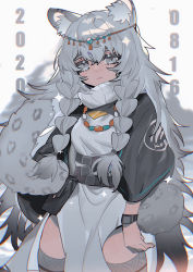Rule 34 | 1girl, absurdres, animal ear fluff, animal ears, arknights, bead necklace, beads, black cloak, blush, braid, breasts, circlet, cloak, closed mouth, commentary, cowboy shot, dated, dress, expressionless, grey eyes, grey thighhighs, hair between eyes, highres, jewelry, leopard ears, leopard tail, lips, long hair, looking at viewer, medium breasts, necklace, pelvic curtain, pramanix (arknights), side braids, silver hair, simple background, solo, symbol-only commentary, tail, taowu (20809), thighhighs, thighs, turtleneck, turtleneck dress, twin braids, watch, white background, white dress, wristwatch